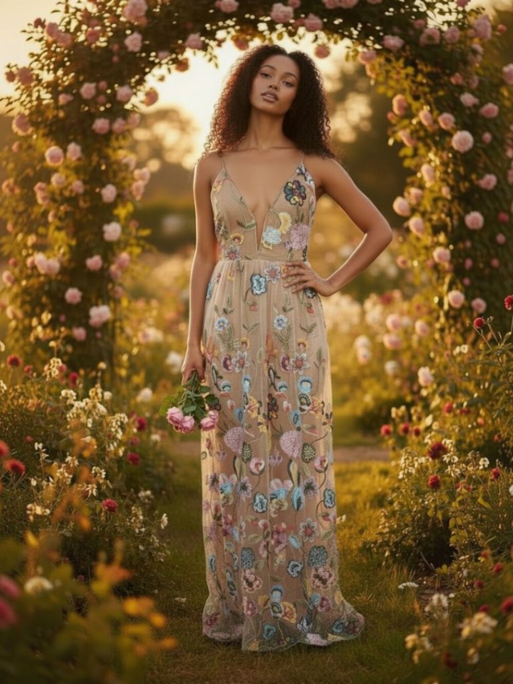 Fashion Nova Spring Gala Maxi Dress with Multicolor Floral Embroidery Size M